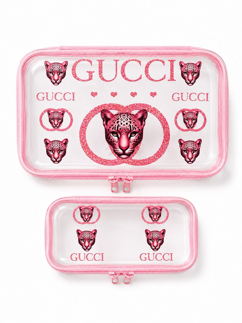 Pink Leopard Print Clear Zip Pouch Case Duo